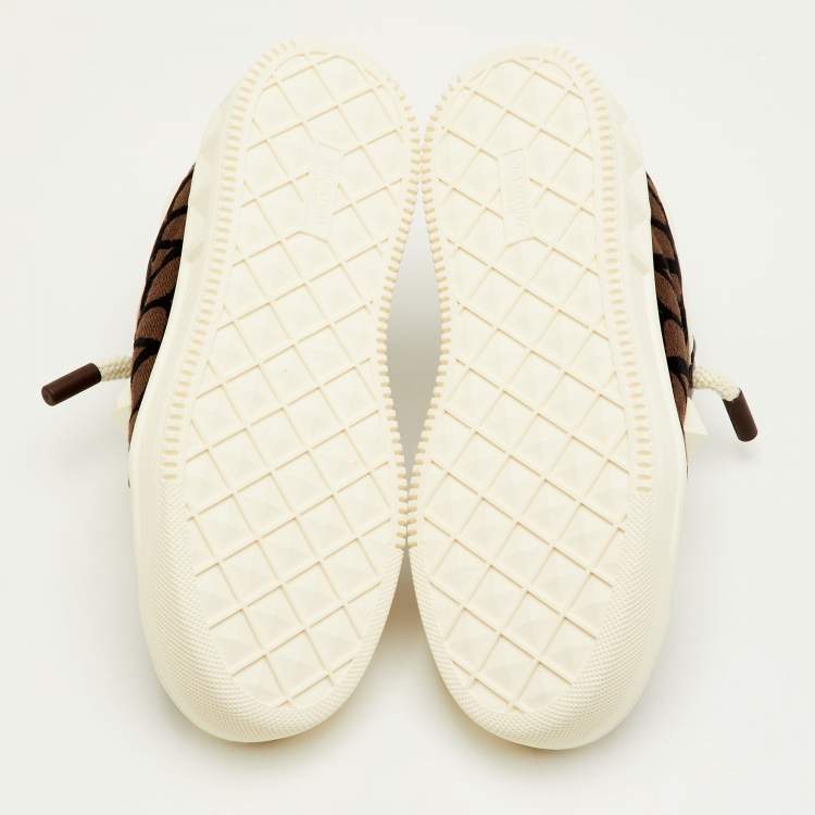 Pre Owned Valentino One Stud XL Size 41.5 Dark Brown/White Toile Iconographe Jacquard and Leather Sneakers