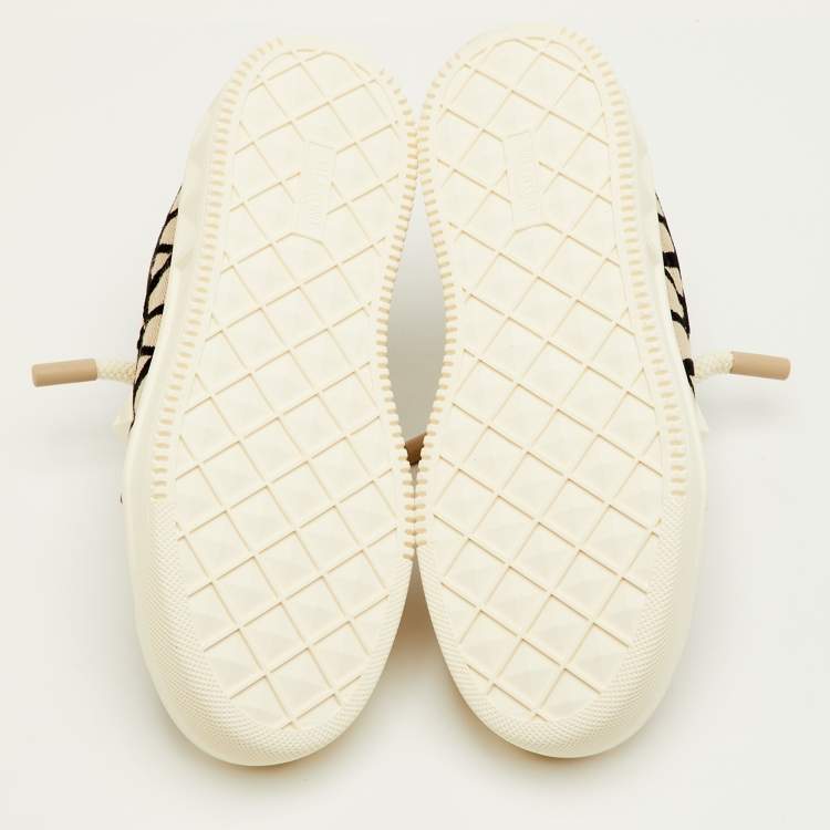 Pre Owned Valentino One Stud XL Size 41.5 Light Brown/White Toile Iconographe Jacquard and Leather Sneakers