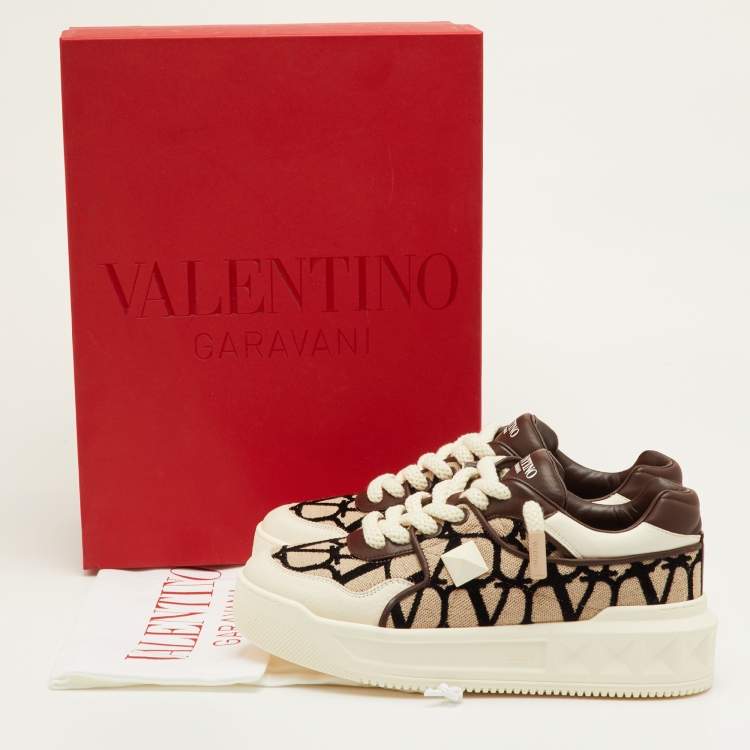 Pre Owned Valentino One Stud XL Size 41.5 Light Brown/White Toile Iconographe Jacquard and Leather Sneakers
