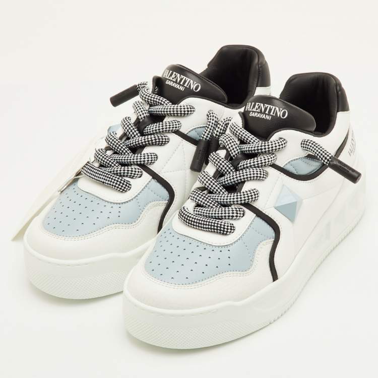 Pre Owned Valentino One Stud XL Size 41.5 White/Pastel Blue Leather Low Top Sneakers