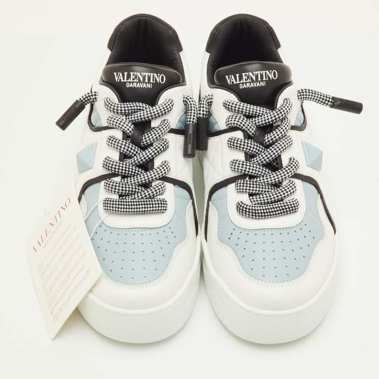 Pre Owned Valentino One Stud XL Size 41.5 White/Pastel Blue Leather Low Top Sneakers