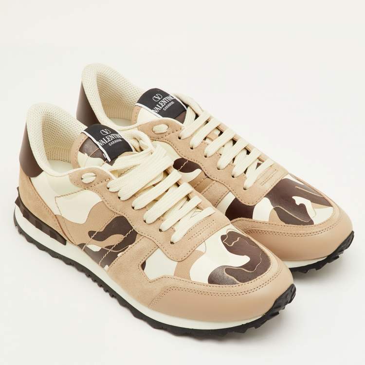 مملوكة مسبقًا Valentino Rockrunner Size 41.5 Brown/Beige Camouflage Canvas, Leather and Suede Sneakers
