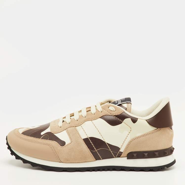 مملوكة مسبقًا Valentino Rockrunner Size 41.5 Brown/Beige Camouflage Canvas, Leather and Suede Sneakers