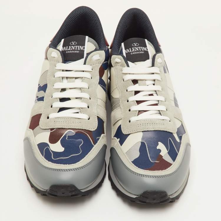 Pre Owned Valentino Rockrunner Size 41.5 Multicolor Camouflage Canvas, Leather and Suede Sneakers