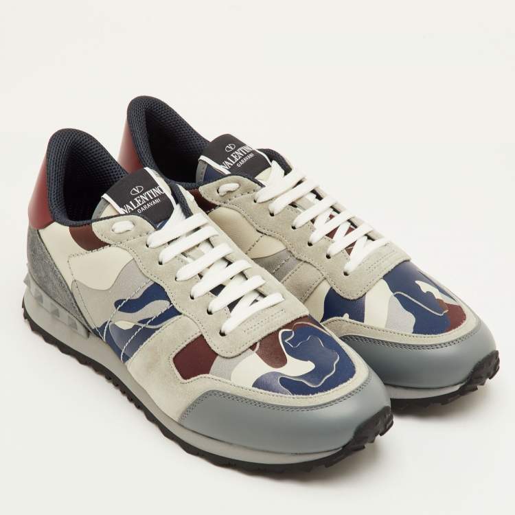 Pre Owned Valentino Rockrunner Size 41.5 Multicolor Camouflage Canvas, Leather and Suede Sneakers