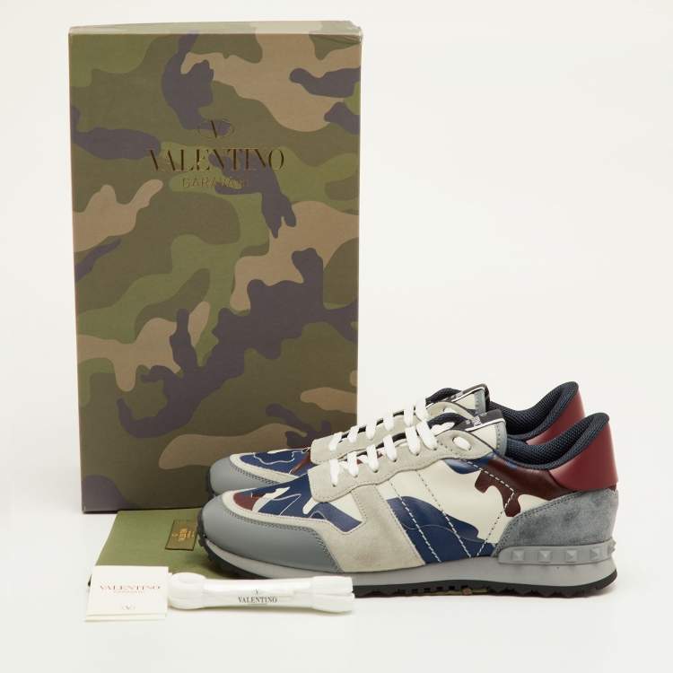 Pre Owned Valentino Rockrunner Size 41.5 Multicolor Camouflage Canvas, Leather and Suede Sneakers