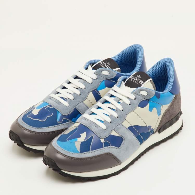 Pre Owned Valentino Rockrunner Size 41.5 Blue/Beige Camouflage Canvas, Leather and Suede Sneakers