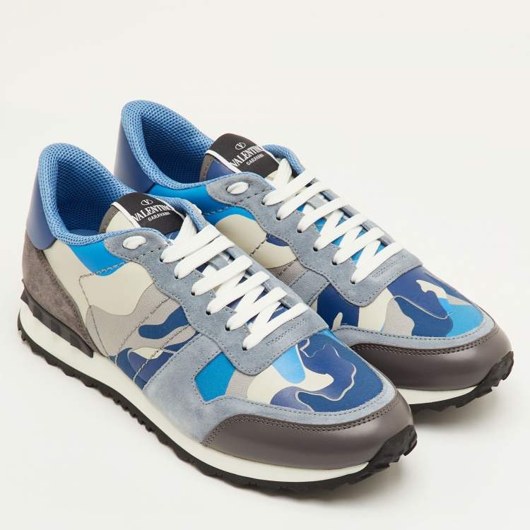 Pre Owned Valentino Rockrunner Size 41.5 Blue/Beige Camouflage Canvas, Leather and Suede Sneakers