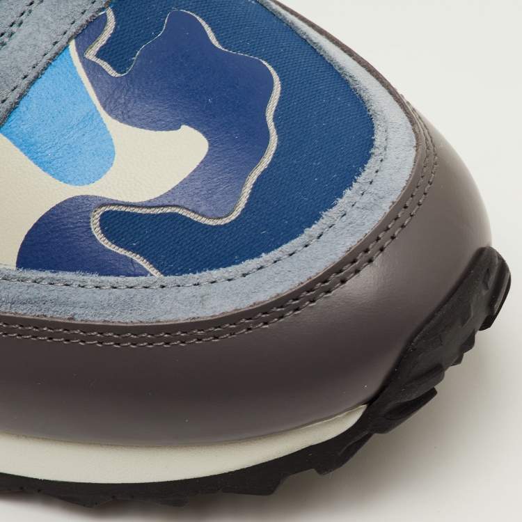 Pre Owned Valentino Rockrunner Size 41.5 Blue/Beige Camouflage Canvas, Leather and Suede Sneakers