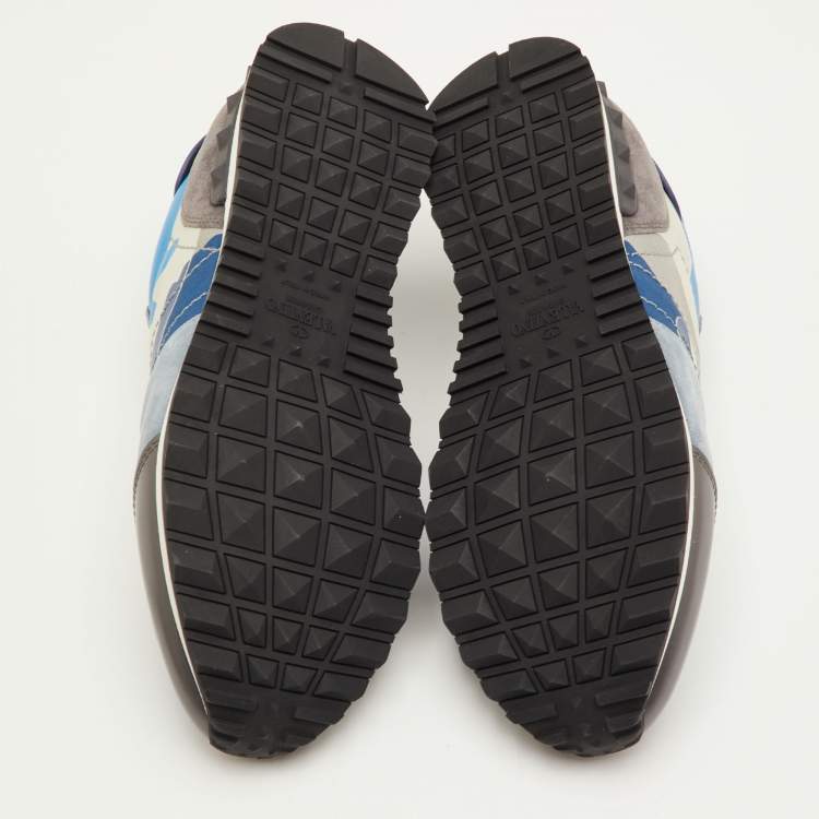 Pre Owned Valentino Rockrunner Size 41.5 Blue/Beige Camouflage Canvas, Leather and Suede Sneakers
