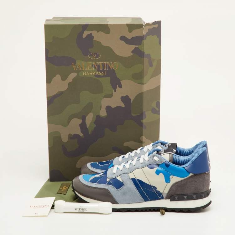 Pre Owned Valentino Rockrunner Size 41.5 Blue/Beige Camouflage Canvas, Leather and Suede Sneakers