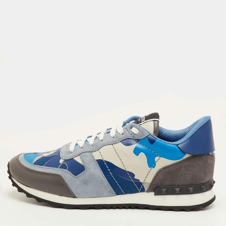 Pre Owned Valentino Rockrunner Size 41.5 Blue/Beige Camouflage Canvas, Leather and Suede Sneakers