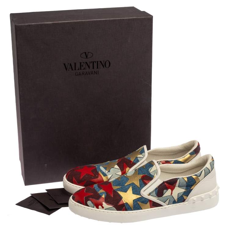 Pre Owned Valentino Multicolor Canvas and Leather Star Printed Camo Slip On Sneakers Size 43