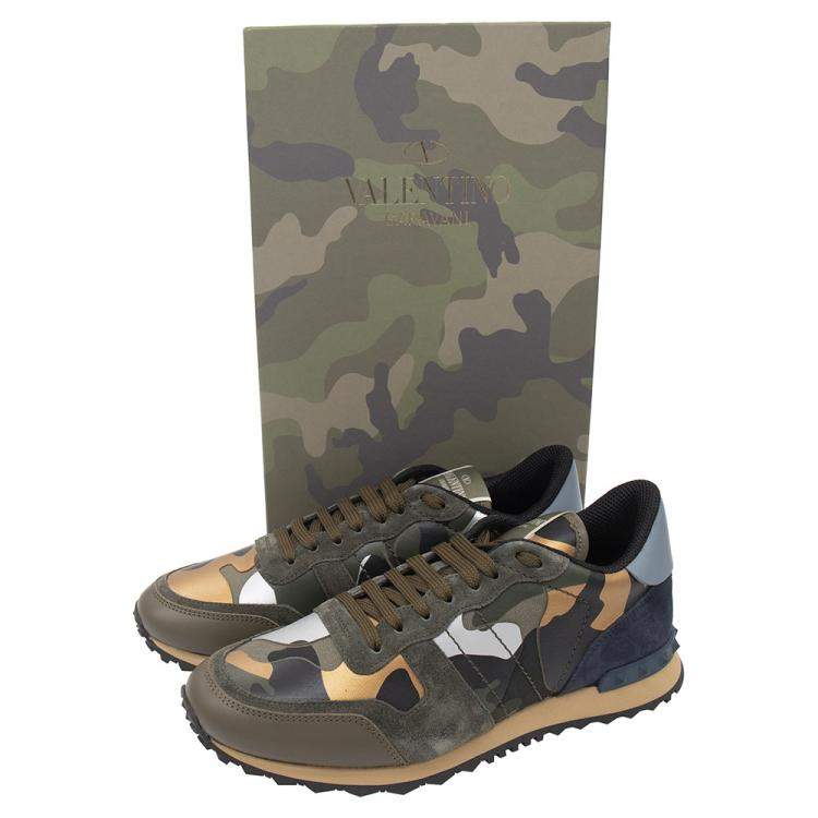 Pre Owned Valentino Army Green Fabric and Leather Camouflage Rockrunner Sneakers Size 41