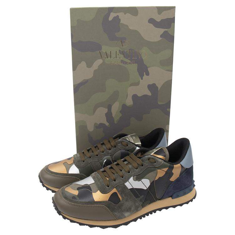 Pre Owned Valentino Army Green Fabric and Leather Camouflage Rockrunner Sneakers Size 43