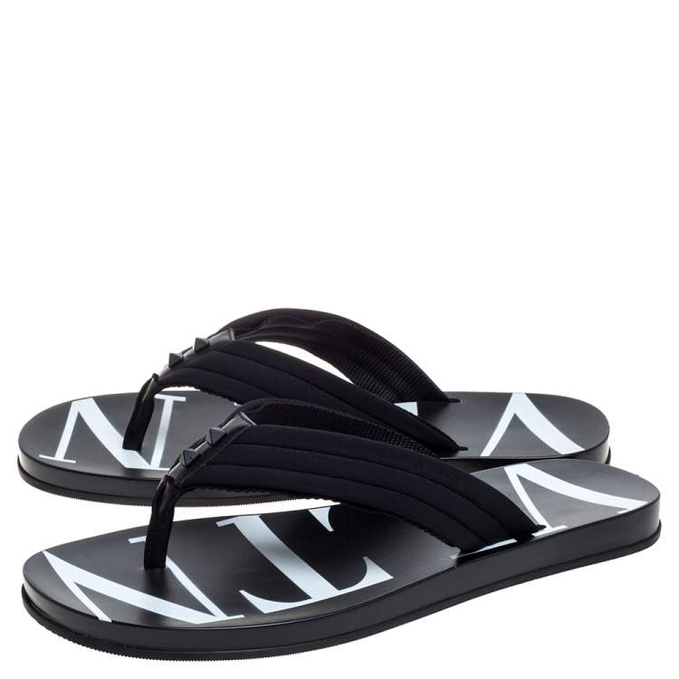 Pre Owned Valentino Black Fabric and Leather Trim VLTN Flip Flops Size 42
