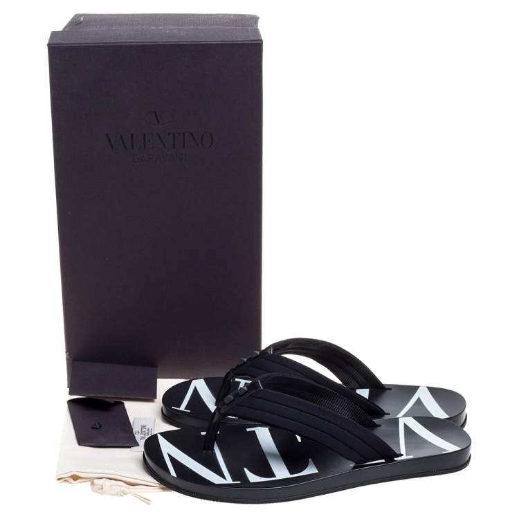 Pre Owned Valentino Black Fabric and Leather Trim VLTN Flip Flops Size 42