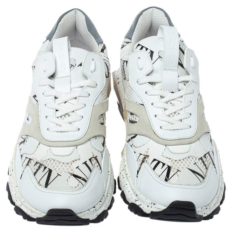 Pre Owned Valentino White/Black Leather, Suede and Mesh Camouflage with Feathers VLTN Grid Bounce Sneakers Size 42