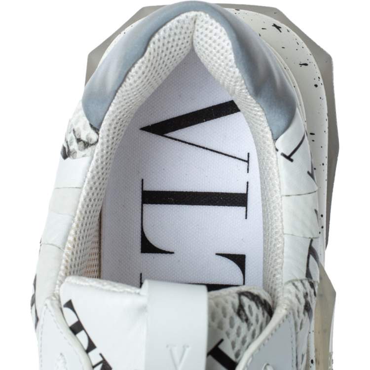 Pre Owned Valentino White/Black Leather, Suede and Mesh Camouflage with Feathers VLTN Grid Bounce Sneakers Size 42