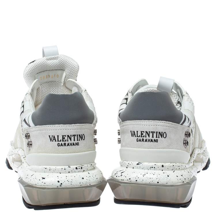 Pre Owned Valentino White/Black Leather, Suede and Mesh Camouflage with Feathers VLTN Grid Bounce Sneakers Size 42