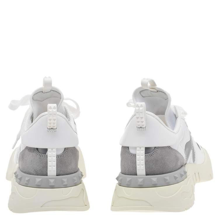 مملوكة مسبقًا Valentino White/Grey Camouflage Print Canvas And Leather Rockrunner Low Top Sneakers Size 42.5