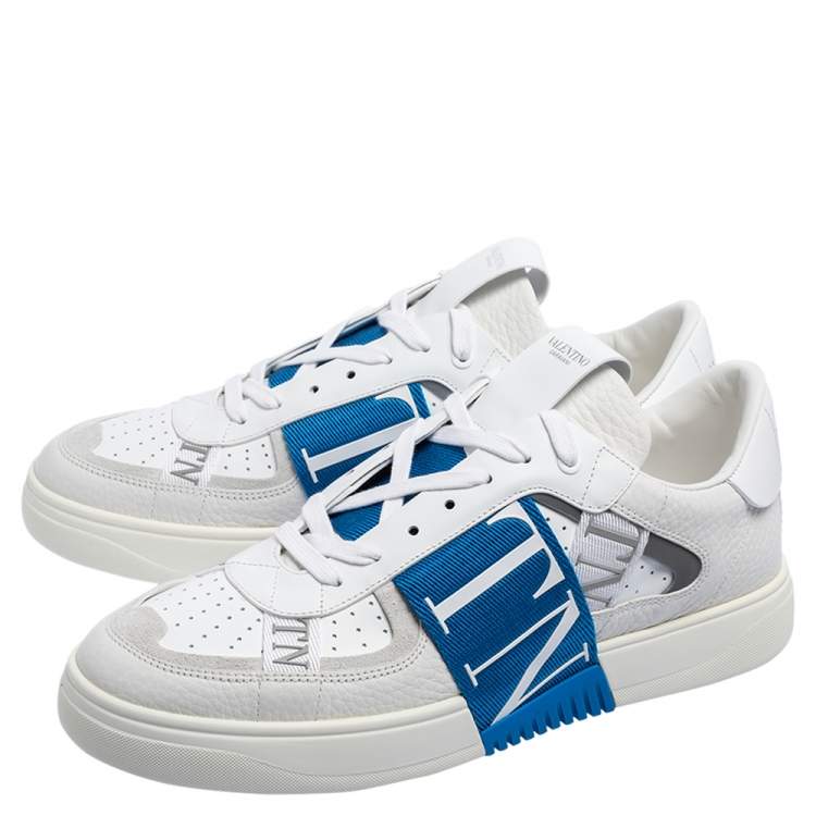 Pre Owned Valentino White/Blue Leather And Suede VLTN Low Top Sneakers Size 43