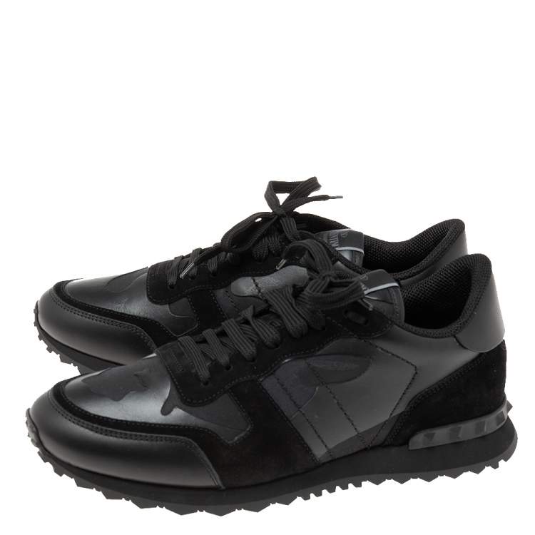 Pre Owned Valentino Black Camo Fabric, Leather and Suede Rockrunner Sneakers Size 43