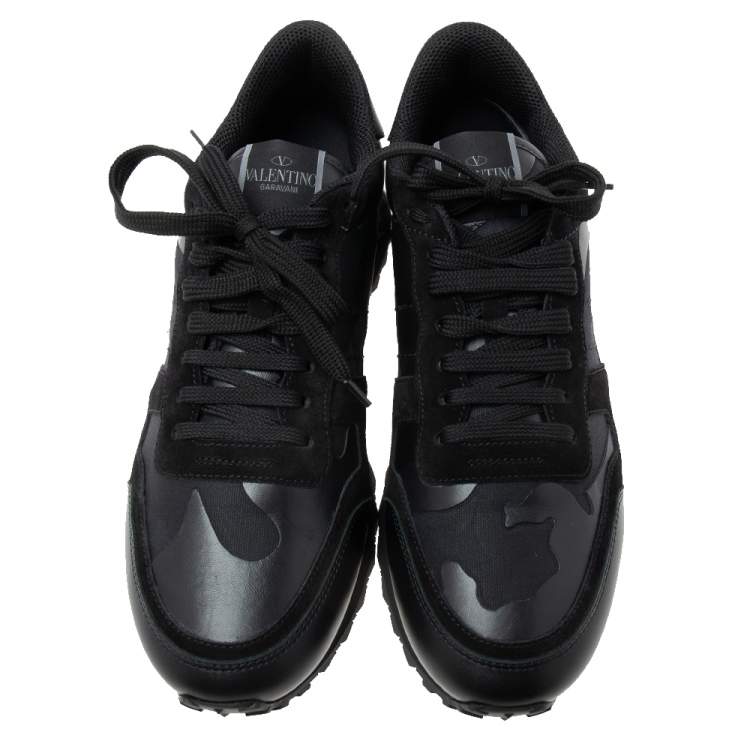 Pre Owned Valentino Black Camo Fabric, Leather and Suede Rockrunner Sneakers Size 43