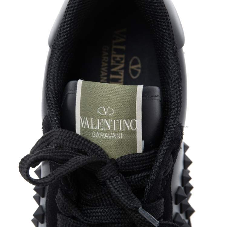 Pre Owned Valentino Black Leather and Suede Rockstud Low-Top Rockrunner Sneakers Size 43