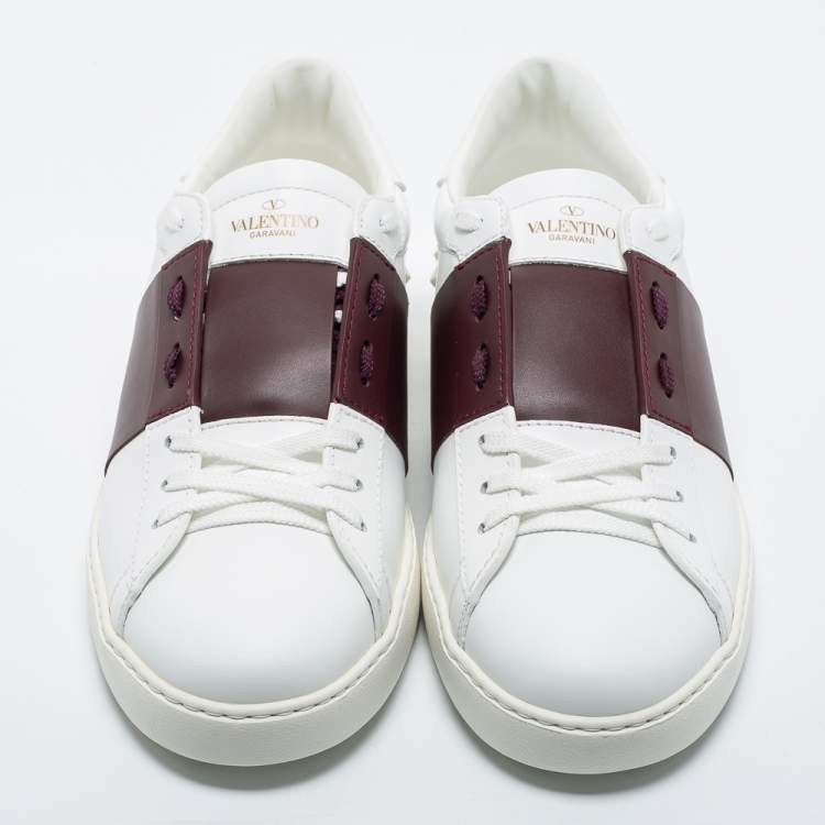 Pre Owned Valentino White/Burgundy Leather Open Sneakers Size 44