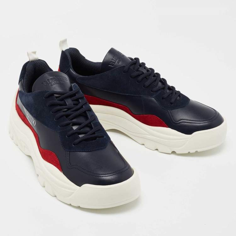 Pre Owned Valentnino Blue/Red Suede and Leather Vlogo Low Top Sneakers Size 42