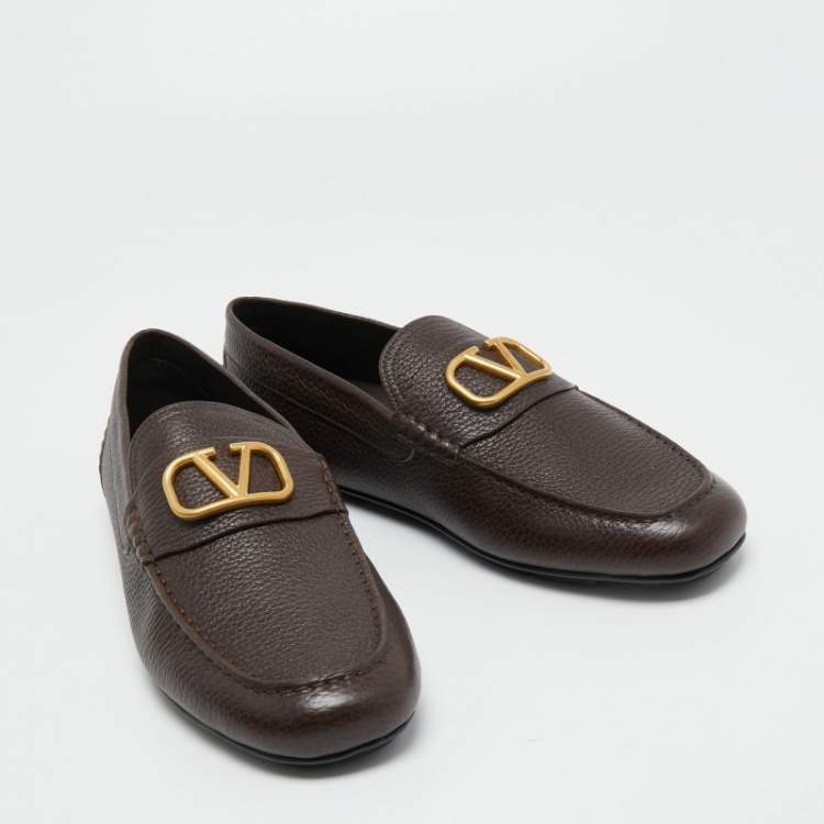 Pre Owned Valentino Dark Brown Leather VLogo Signature Loafers Size 44