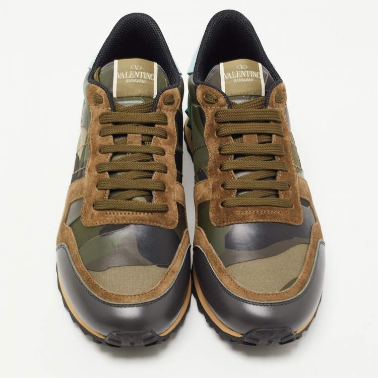 Pre Owned Valentino Green Suede and Leather Rockrunner Low-Top Sneakers Size 42