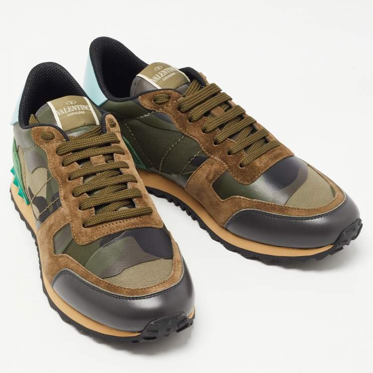 Pre Owned Valentino Green Suede and Leather Rockrunner Low-Top Sneakers Size 42