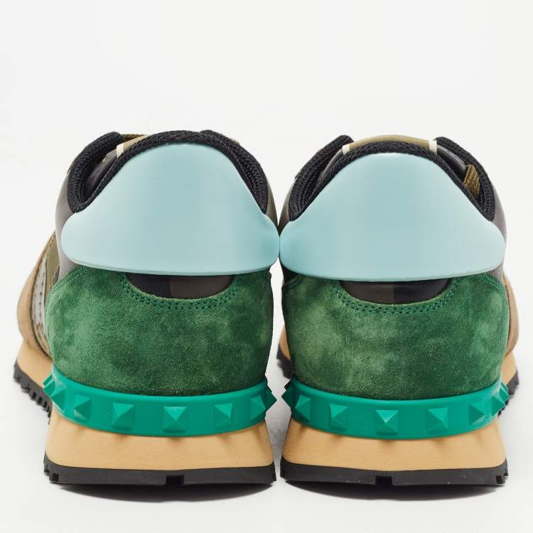 Pre Owned Valentino Green Suede and Leather Rockrunner Low-Top Sneakers Size 42