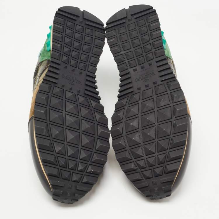 Pre Owned Valentino Green Suede and Leather Rockrunner Low-Top Sneakers Size 42