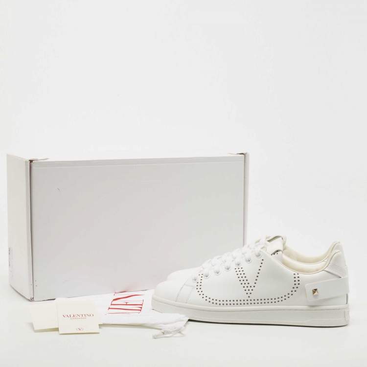 Pre Owned Valentino Garavani White Leather V-Logo Low Top Sneakers Size 39.5