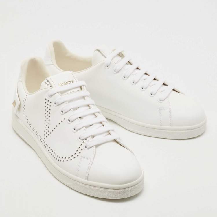 Pre Owned Valentino Garavani White Leather V-Logo Low Top Sneakers Size 39.5