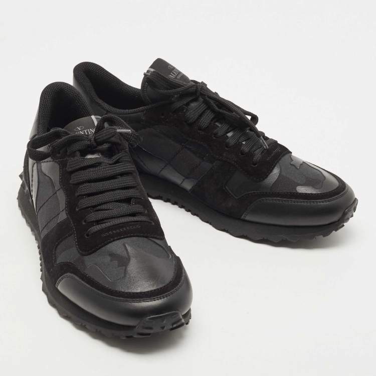 مملوكة مسبقًا Valentino Black Camouflage Print Canvas and Leather Rockrunner Sneakers Size 44
