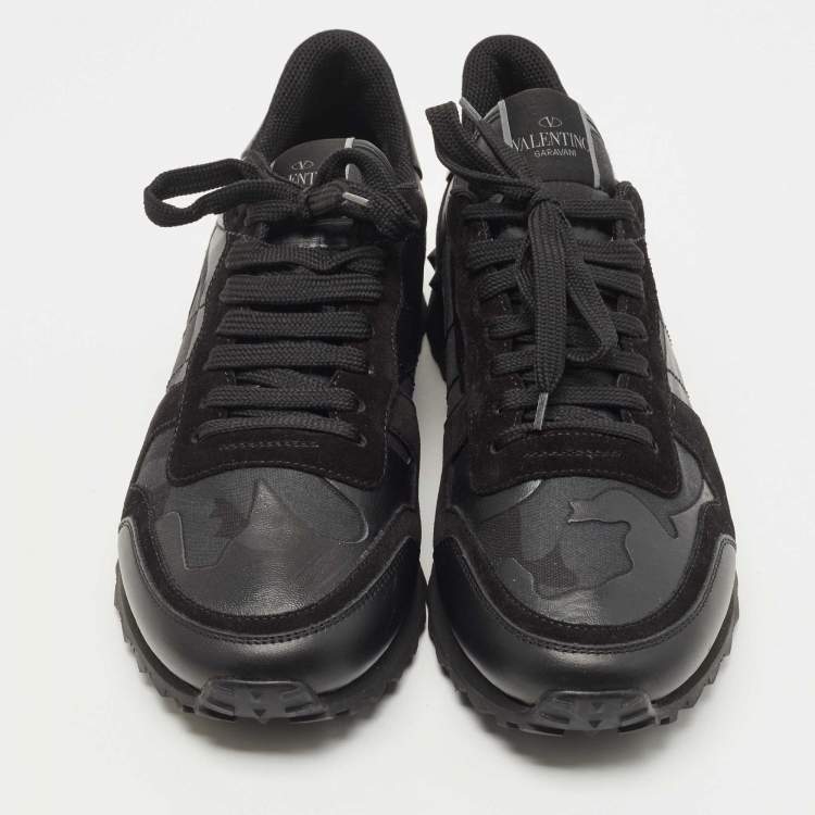 مملوكة مسبقًا Valentino Black Camouflage Print Canvas and Leather Rockrunner Sneakers Size 44