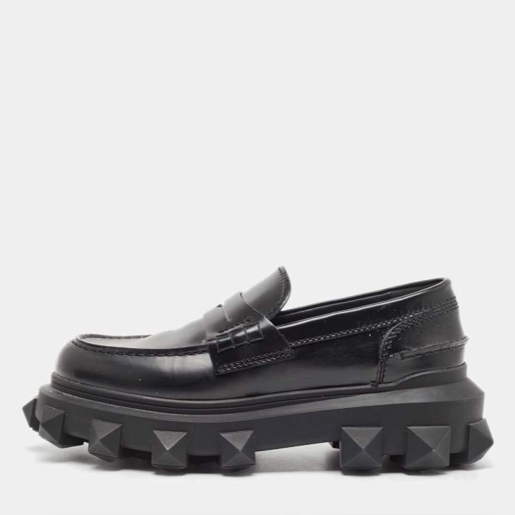 Pre Owned Valentino Garavani Black Leather Trackstud Loafers Size 43