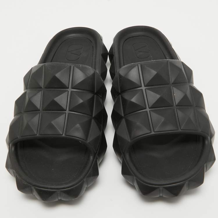 Pre Owned Valentino Garavani Black Rubber Slide Flats Size 41