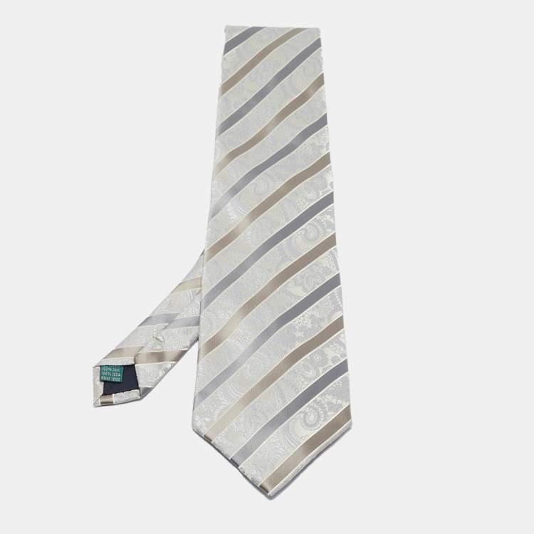 Pre Owned Valentino Vintage Grey Striped Paisley Pattern Jacquard Silk Tie