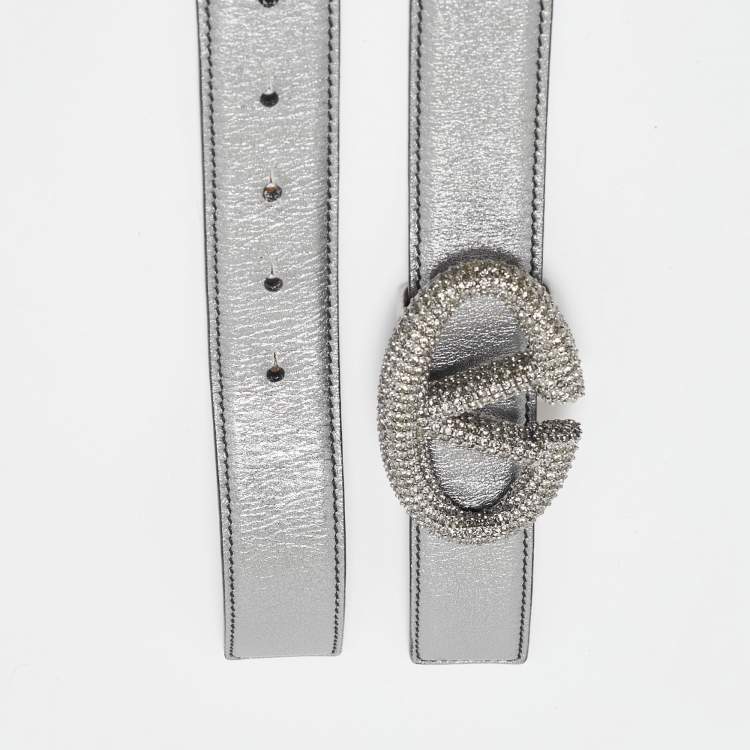 Pre Owned Valentino Metallic Leather Crystals Embellished Vlogo Buckle Belt 90CM