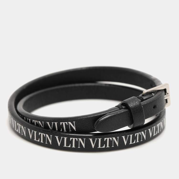 Pre Owned Valentino Black Leather VLTN Double Wrap Bracelet