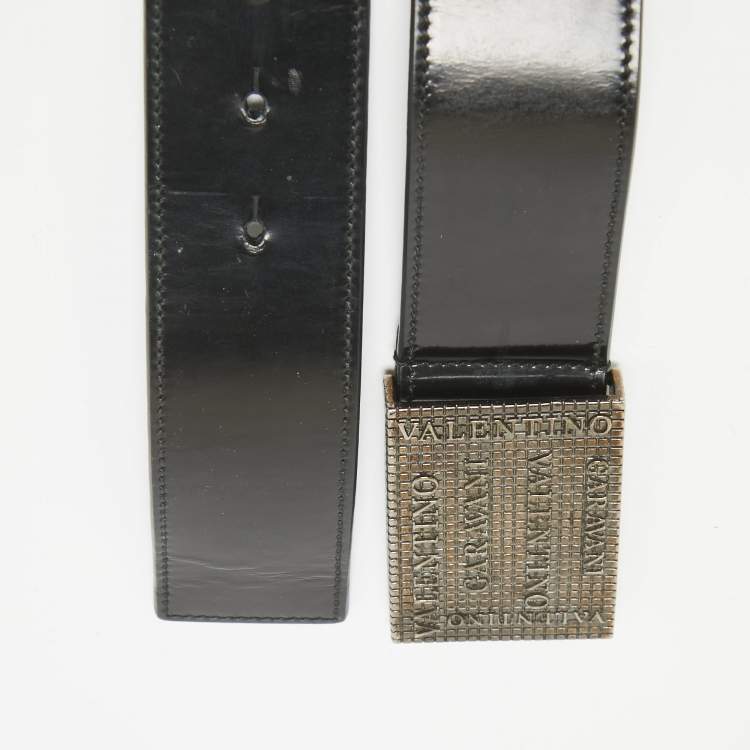 Pre Owned Valentino Black Patent Leather Logo Square Buckle Belt 90CM