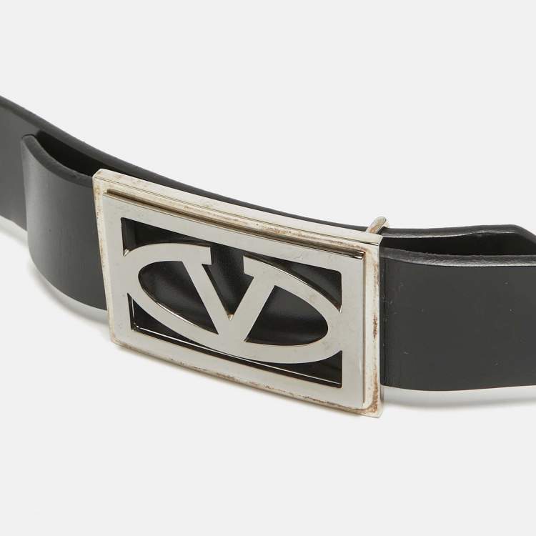 Pre Owned Valentino Black Leather Vlogo Square Buckle Reversible  Belt 110 CM