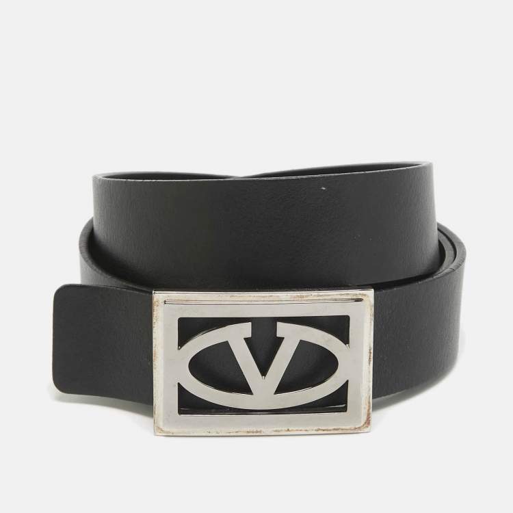 Pre Owned Valentino Black Leather Vlogo Square Buckle Reversible  Belt 110 CM