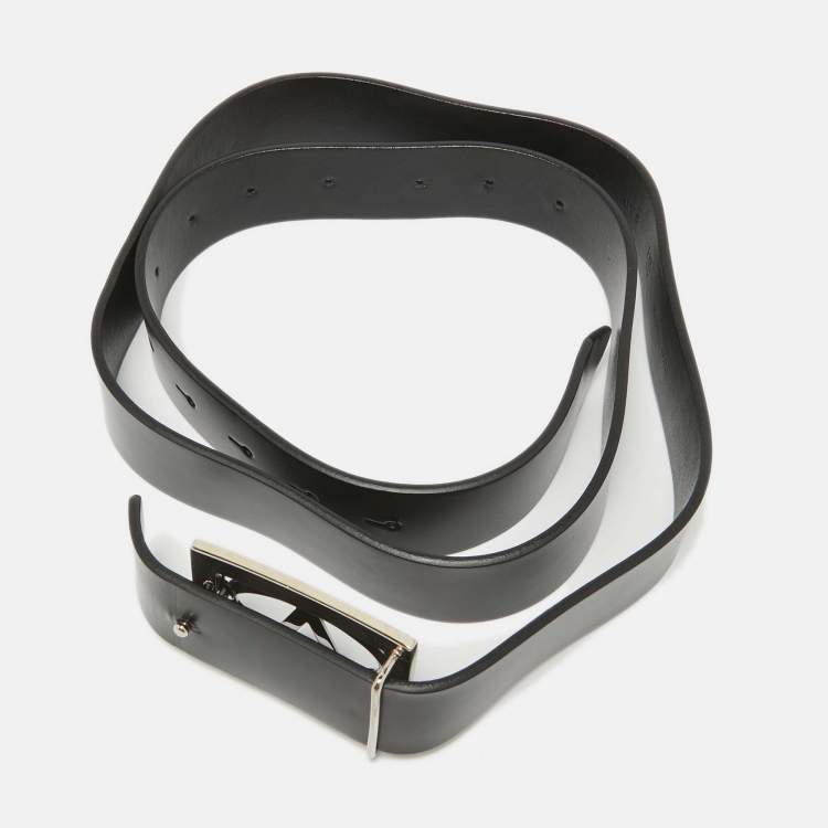 Pre Owned Valentino Black Leather Vlogo Square Buckle Reversible  Belt 110 CM