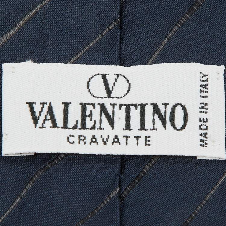 Pre Owned Valentino Vintage Navy Blue Diagonal Striped Silk Tie